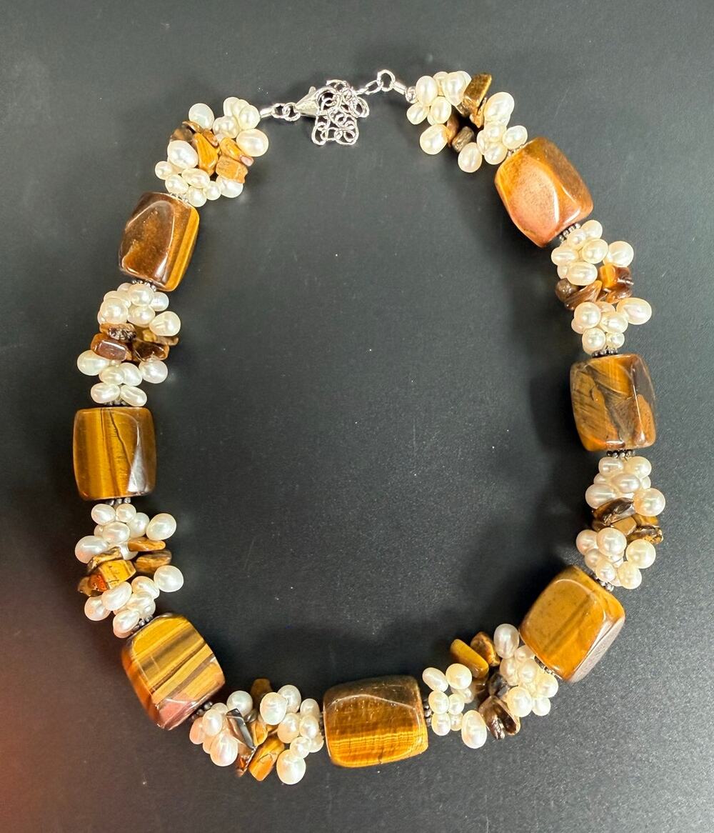 Ross Simons Tiger Eye & Pearl 15" Necklace Sterling Silver Beaded Chunky
